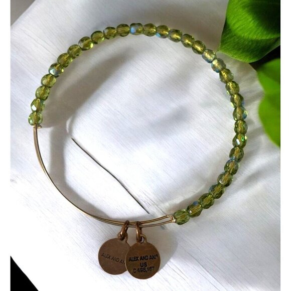 Alex And Ani Gold Tone Charm Bangle With Green Beads Expands 2.0"- 3.5" - Picture 2 of 2